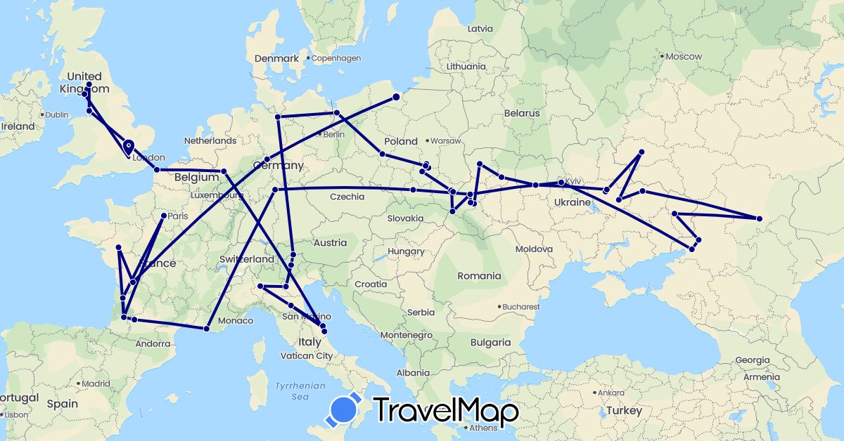 TravelMap itinerary: driving in Austria, Germany, France, United Kingdom, Italy, Poland, Russia, Ukraine (Europe)